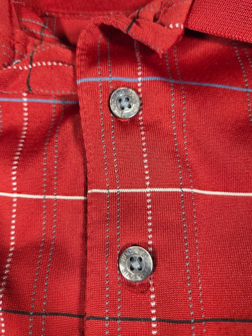 Men's PGA Tour Short Sleeve Red Windowpane Plaid Golf Polo Shirt Size L